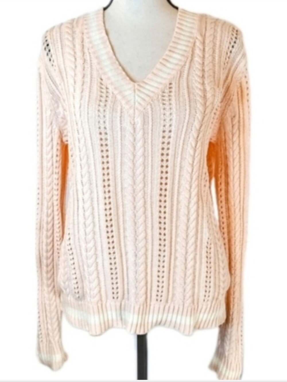 Lauren Ralph Lauren Pink Cable Knit Cotton Pointelle Sweater Preppy Coastal Sz M